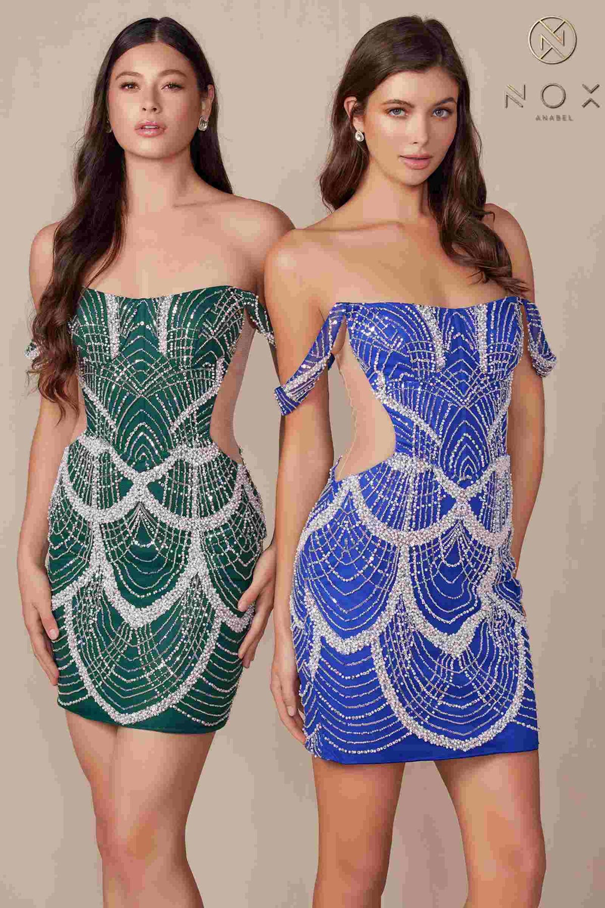 Nox Anabel Q839 Short Off the Shoulder Beaded Cocktail Dress