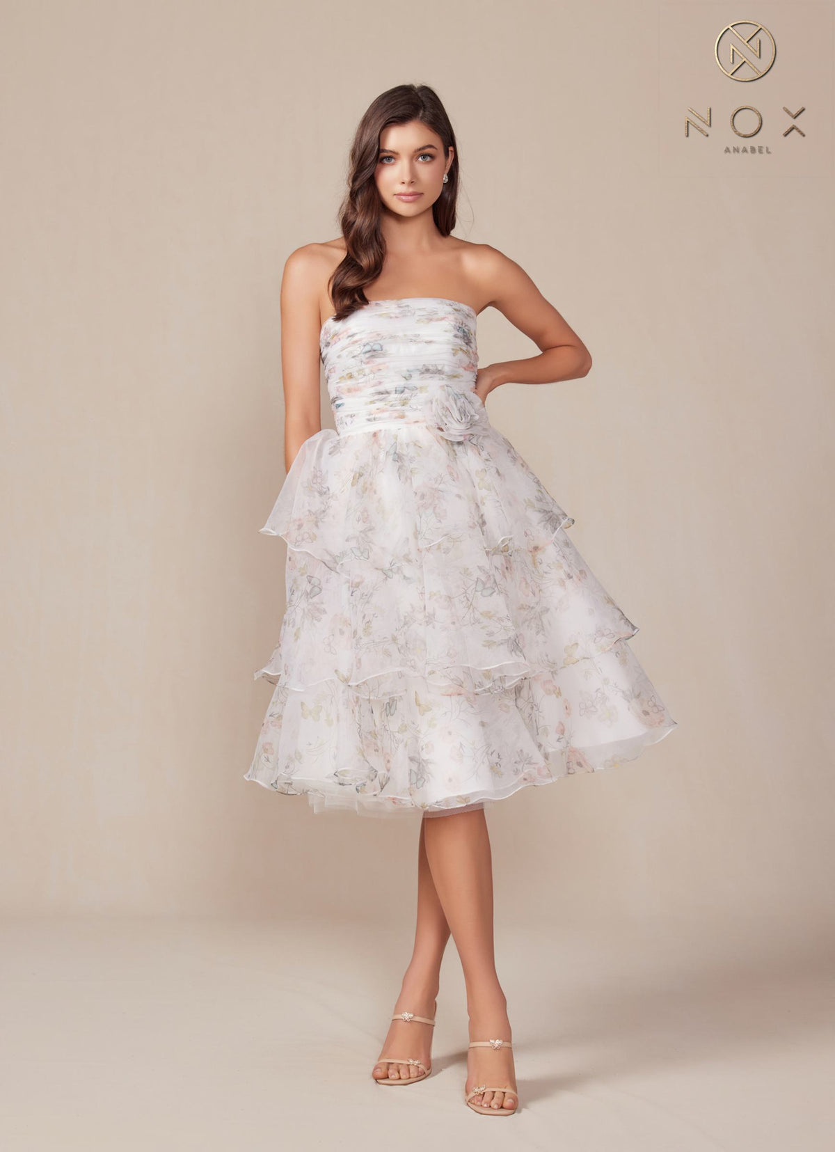 Nox Anabel Q842 Floral Print A-Line Tea Length Dress