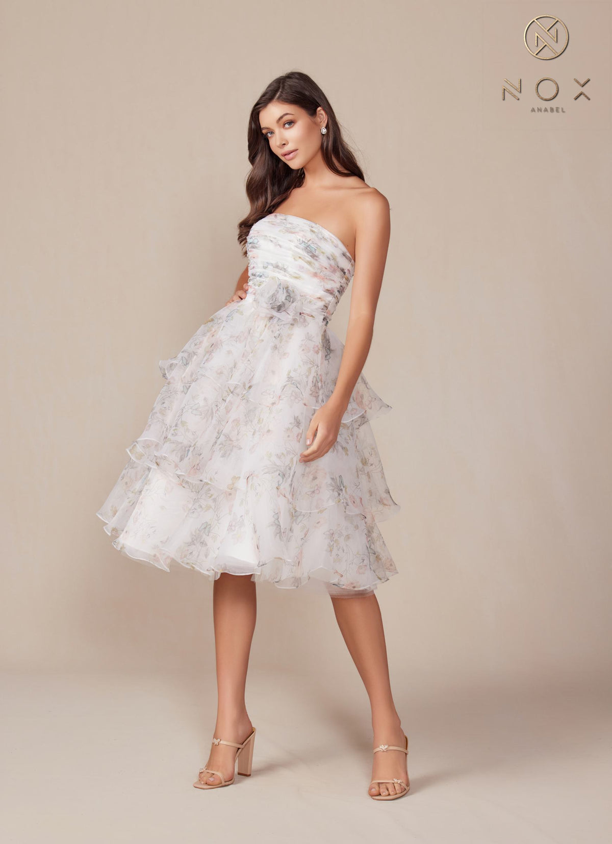 Nox Anabel Q842 Floral Print A-Line Tea Length Dress