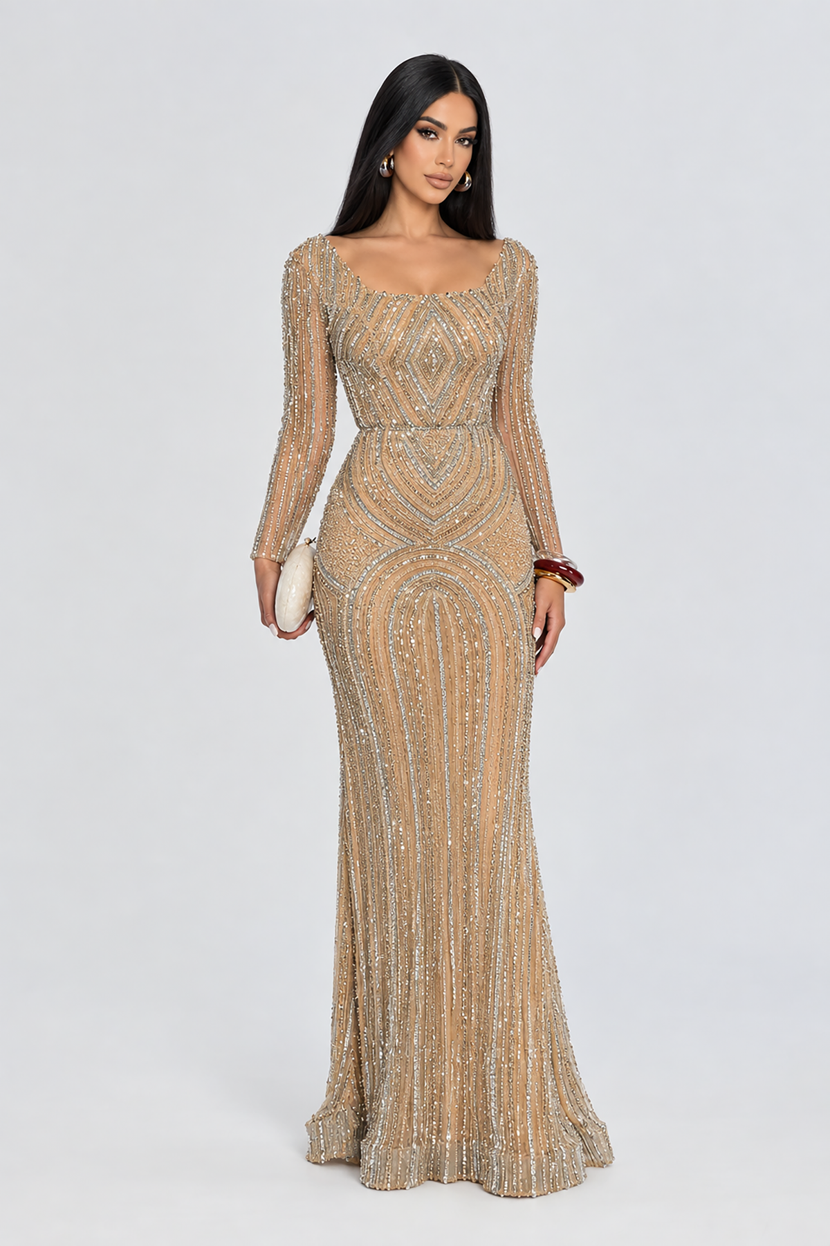 Reema Sequin Modest Square Neckline Long Sleeve Embellished Dress