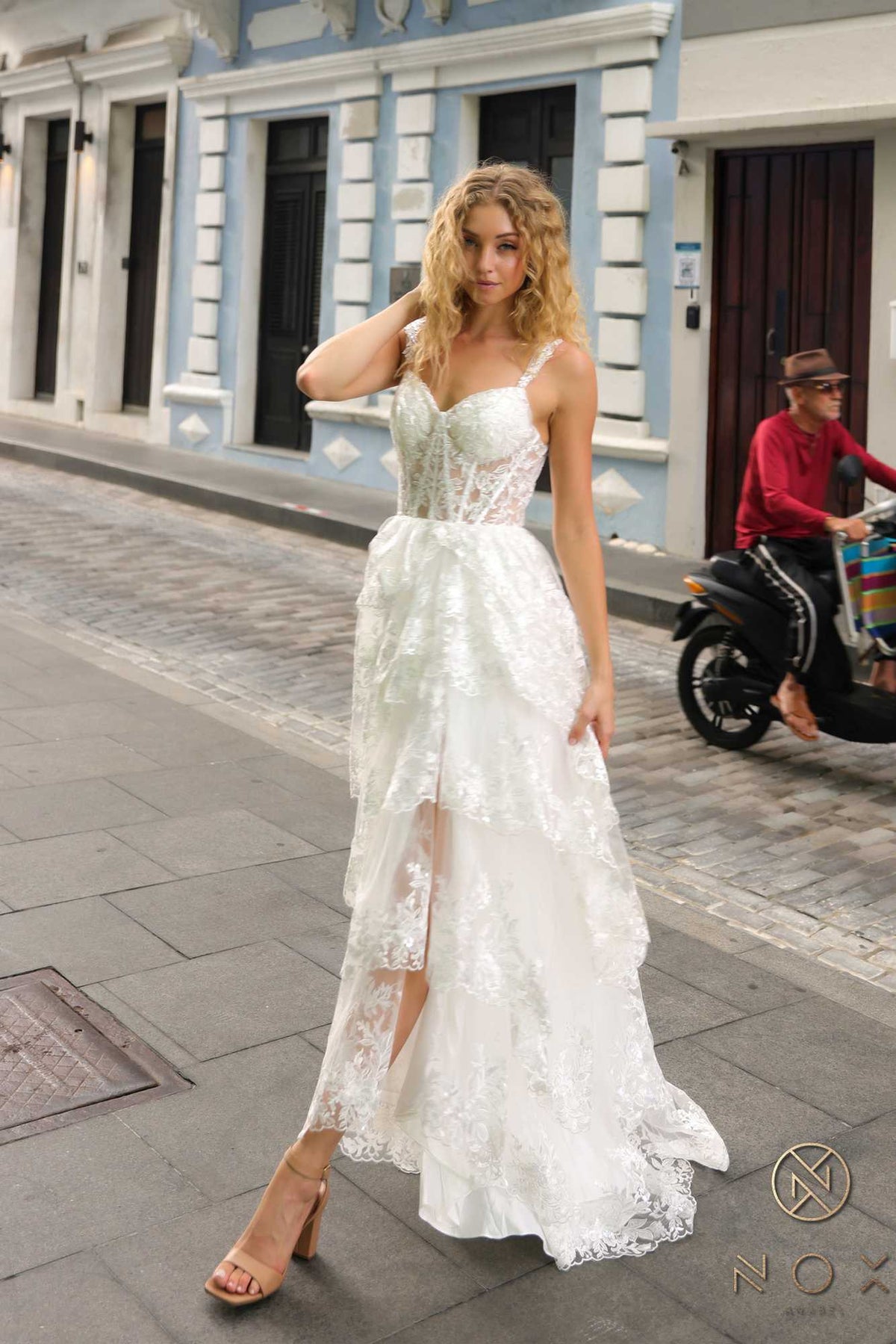Nox Anabel T1335 Long A-Line Tiered Skirt Lace Applique Sweetheart Dress