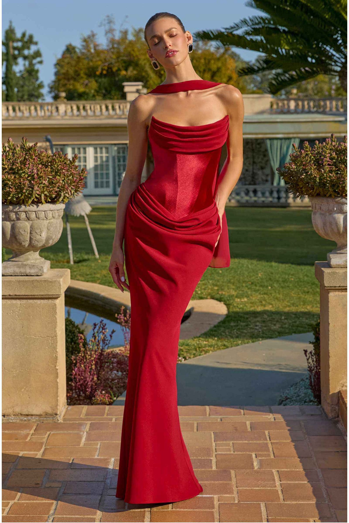 CLEARANCE - Amoris T732 Strapless Fitted Column Semi-Formal Red Gown (Size XXS)