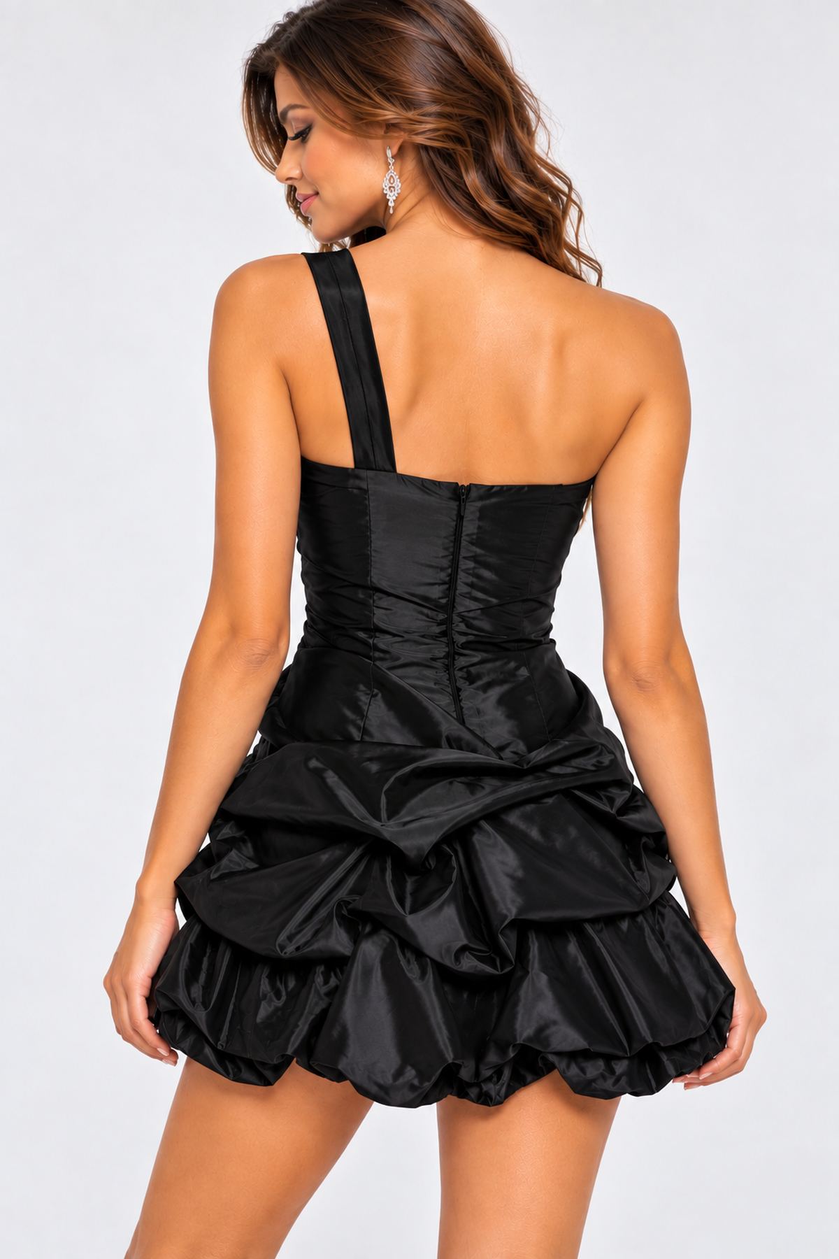 Sweet Andree U709 One-Shoulder Satin Rosette Ruched Short Party Dresses
