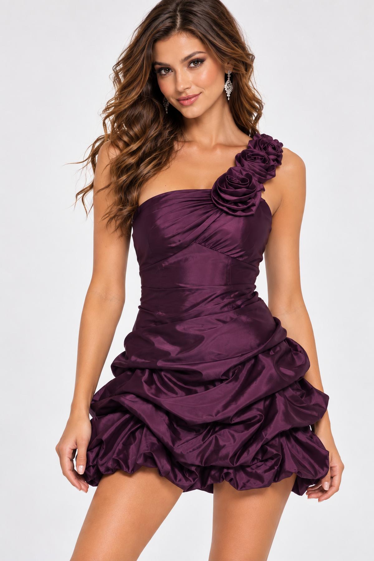 Sweet Andree U709 One-Shoulder Satin Rosette Ruched Short Party Dresses