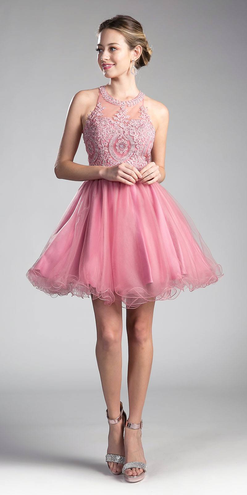 Ladivine UJ0119 Short Appliqued Bodice Halter Tulle Skirt Dress