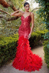 A1297 FITTED RED MERMAID GOWN WITH FEATHER DETAILS