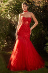 A1345 STRAPLESS RED TULLE MERMAID GOWN