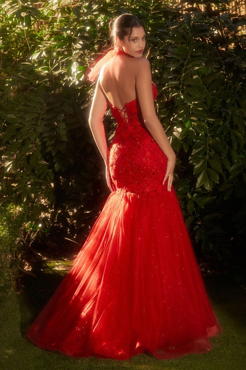 A1345 STRAPLESS RED TULLE MERMAID GOWN