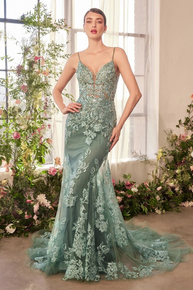 A1421 FOLIAGE BEADED LACE MERMAID GOWN