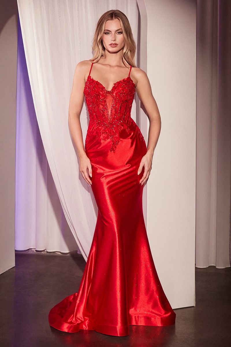 CC2401 EMBELLISHED LACE & SATIN FITTED GOWN