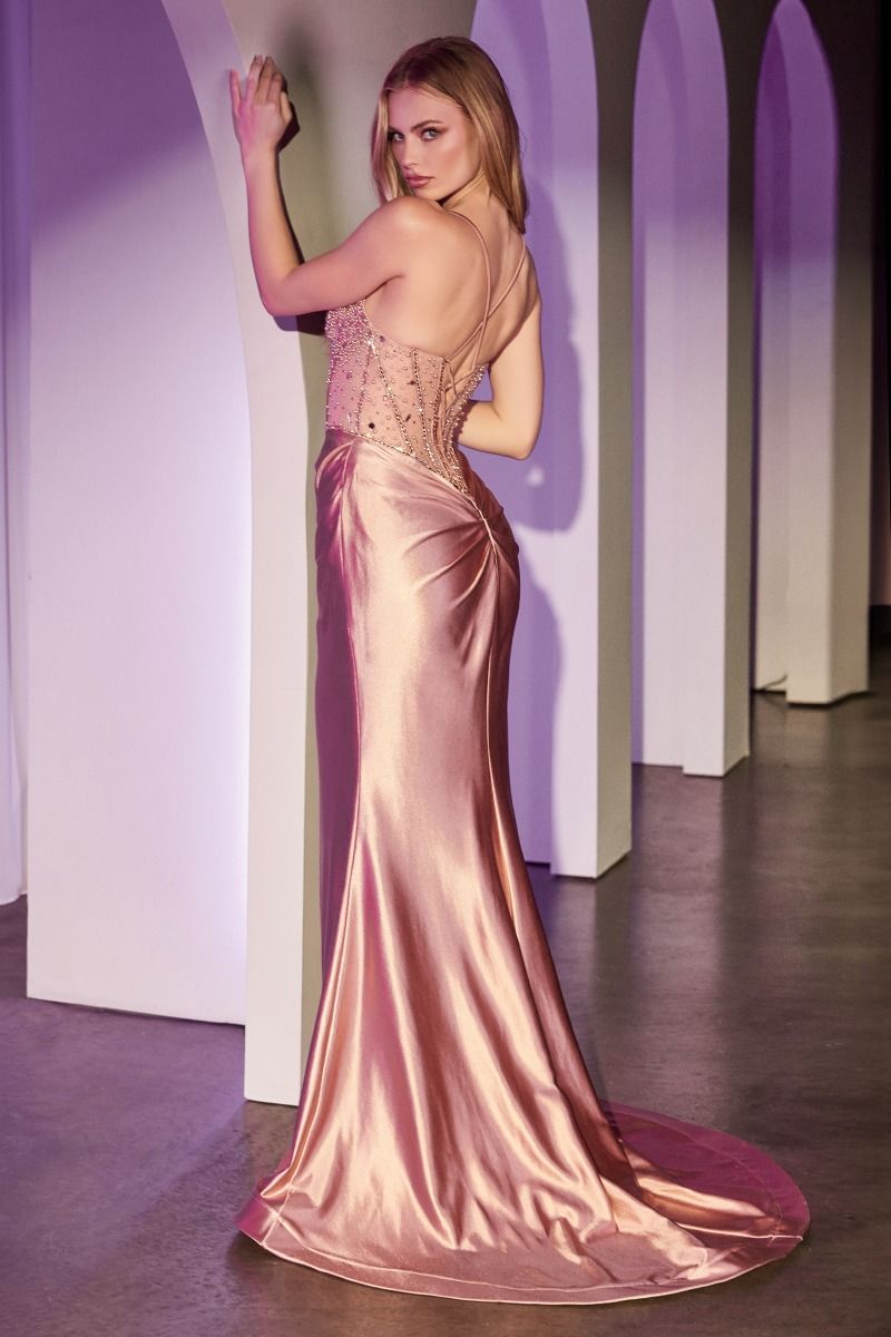 CC8884 FITTED ROSE GOLD SATIN DRESS WITH BEADED BODICE ROSE GOLD / 14 CC8884 FITTED ROSE GOLD SATIN DRESS WITH BEADED BODICE ROSE GOLD / 14