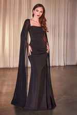 CD356 CHIFFON FITTED DRESS WITH LONG CAPE SLEEVES