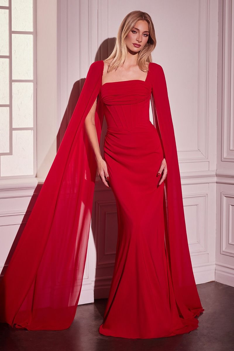 CD356 CHIFFON FITTED DRESS WITH LONG CAPE SLEEVES