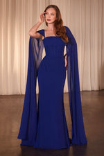 CD356 CHIFFON FITTED DRESS WITH LONG CAPE SLEEVES