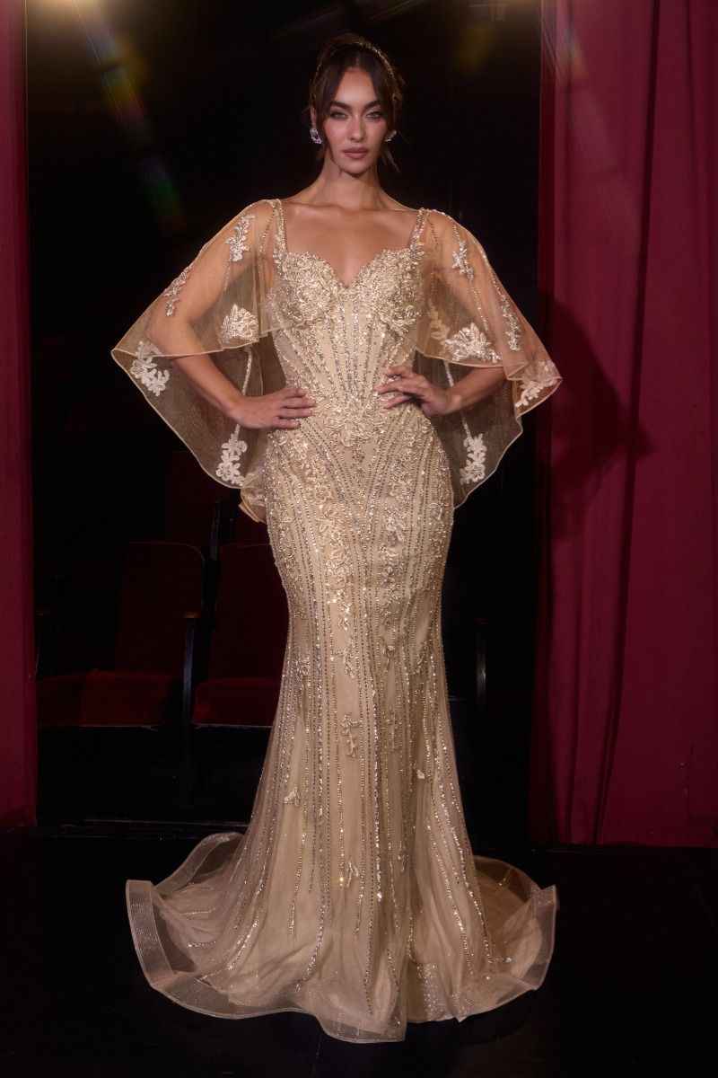 Ladivine CD637 Fitted Metallic Lace Dress with Cape