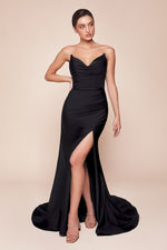 CD791 STRAPLESS STRETCH SATIN FITTED GOWN