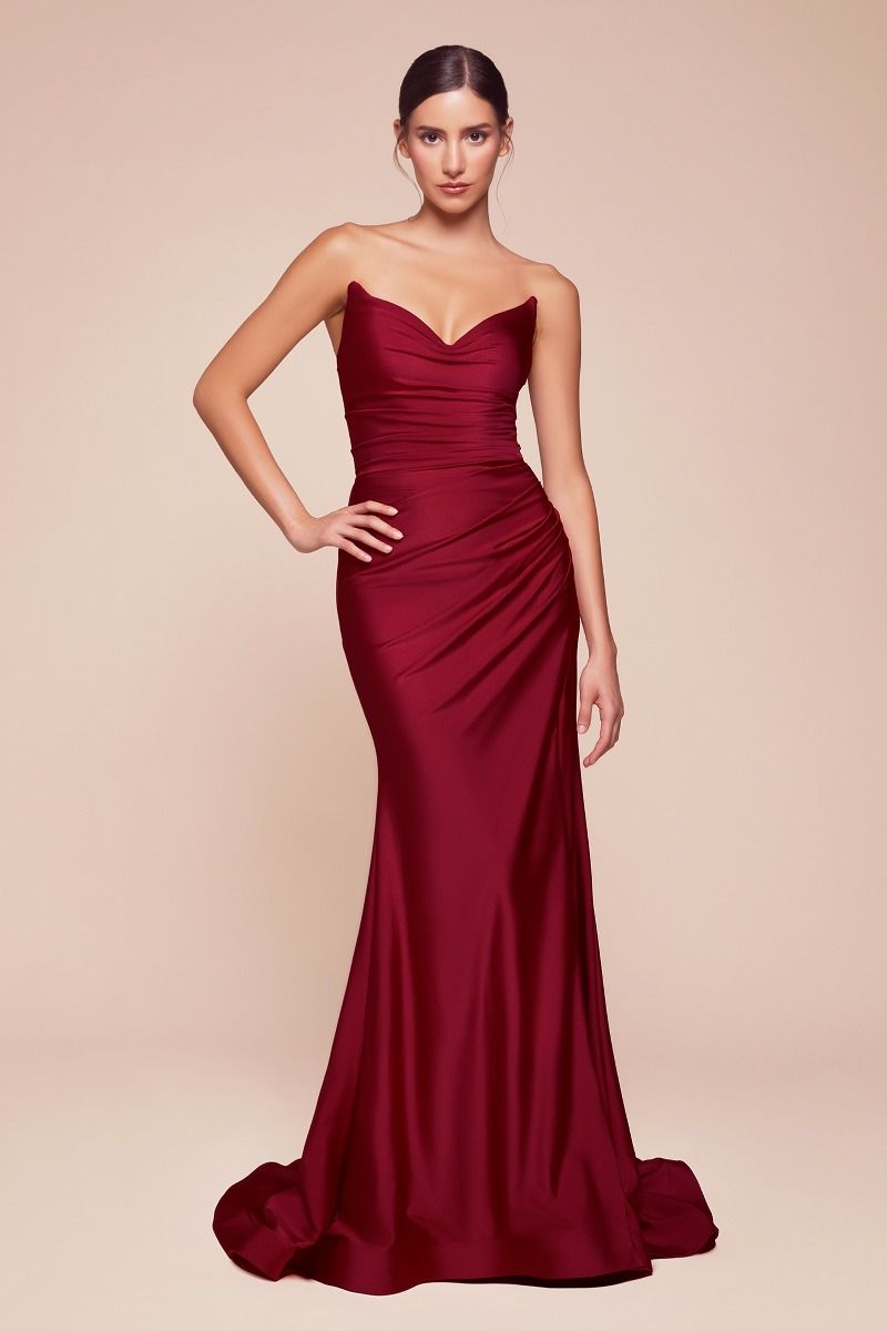 CD791 STRAPLESS STRETCH SATIN FITTED GOWN