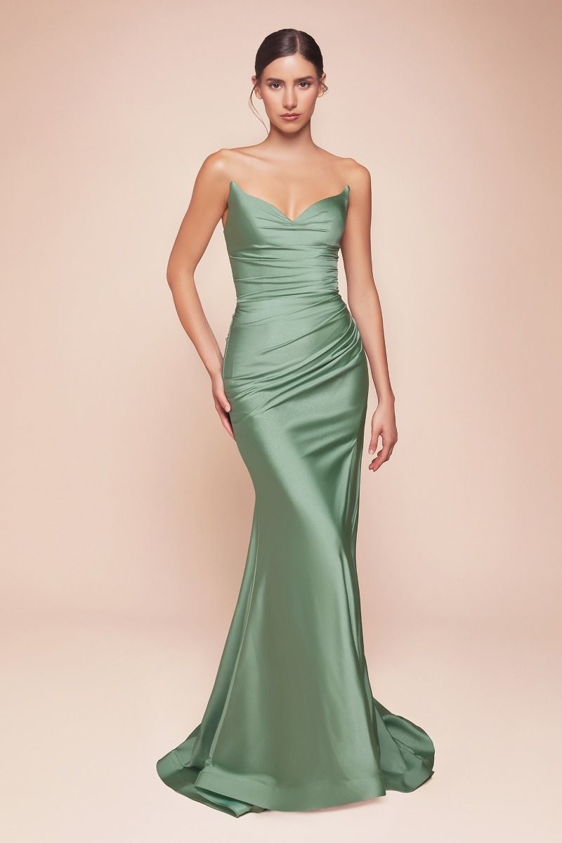 CD791 STRAPLESS STRETCH SATIN FITTED GOWN