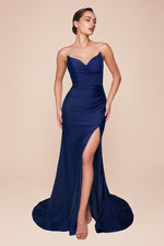 CD791 STRAPLESS STRETCH SATIN FITTED GOWN