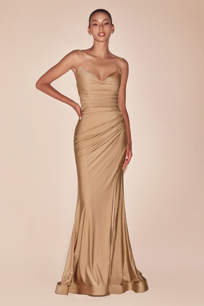 CD791 STRAPLESS STRETCH SATIN FITTED GOWN