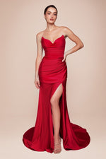 CD791 STRAPLESS STRETCH SATIN FITTED GOWN