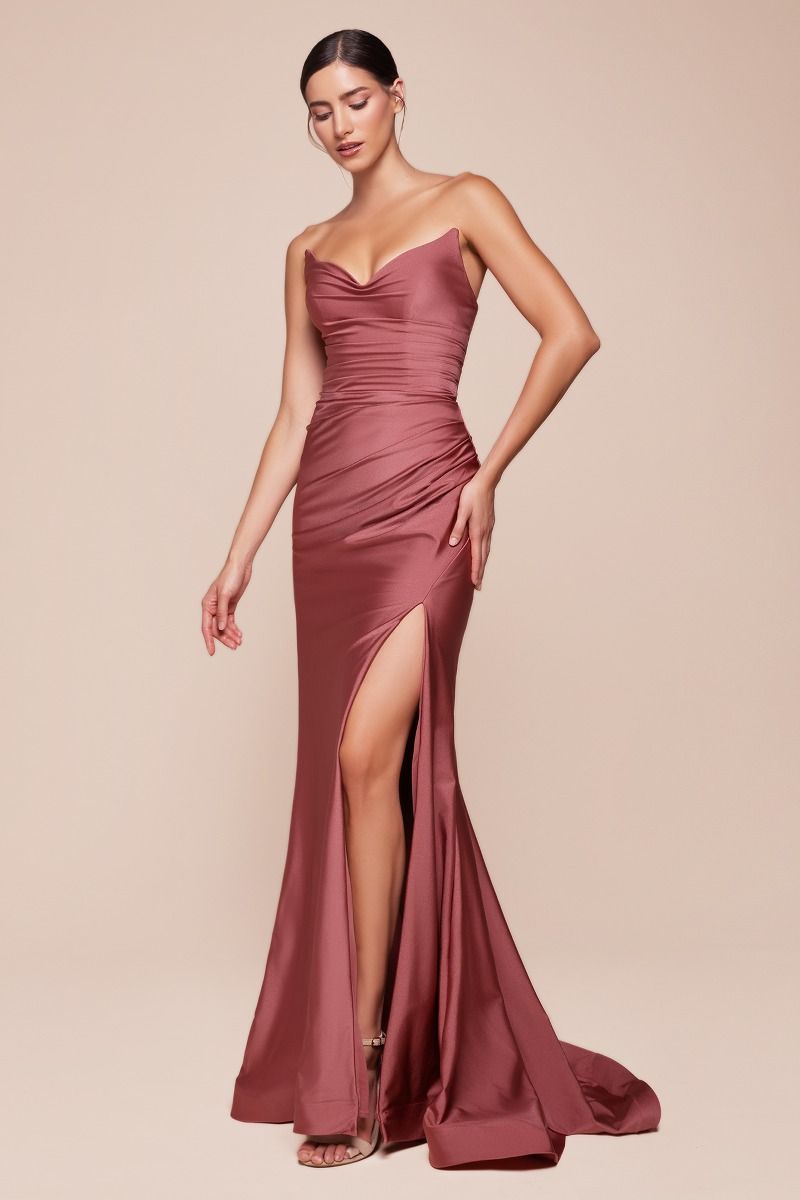 CD791 STRAPLESS STRETCH SATIN FITTED GOWN