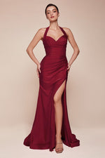 CD796 STETCH SATIN HALTER FITTED DRESS