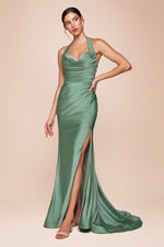 CD796 STETCH SATIN HALTER FITTED DRESS