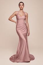 CD796 STETCH SATIN HALTER FITTED DRESS