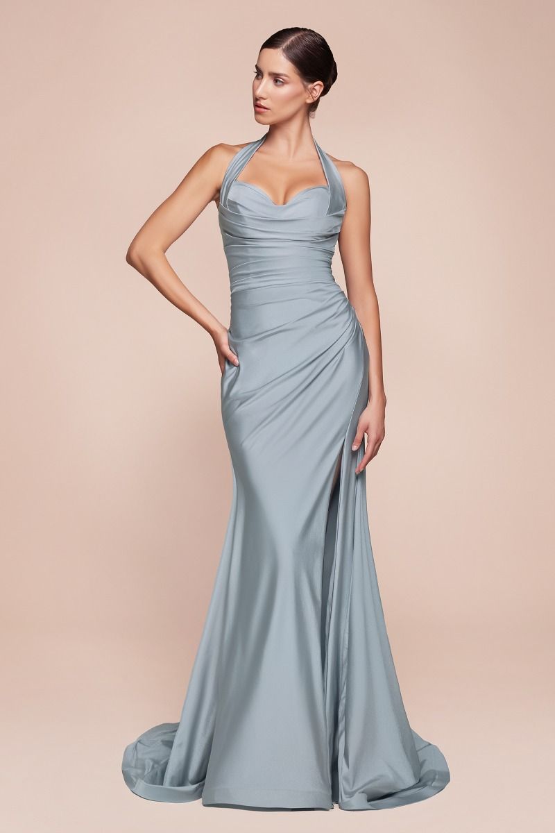 CD796 STETCH SATIN HALTER FITTED DRESS