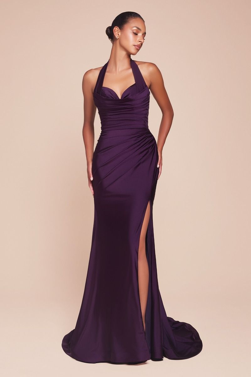 CD796 STETCH SATIN HALTER FITTED DRESS