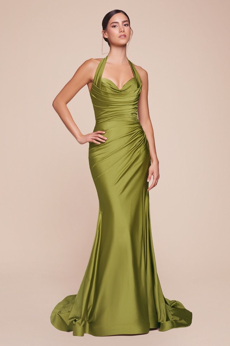 CD796 STETCH SATIN HALTER FITTED DRESS