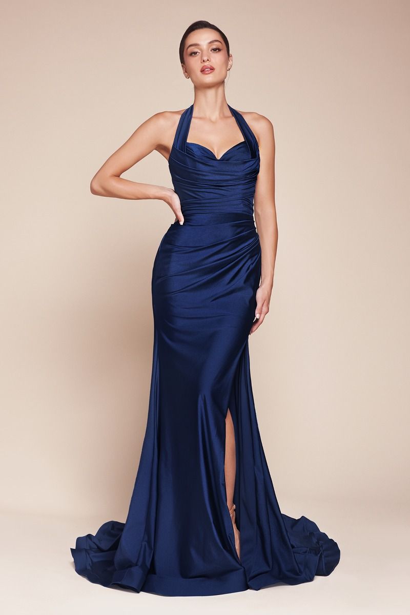 CD796 STETCH SATIN HALTER FITTED DRESS