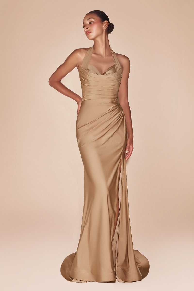 CD796 STETCH SATIN HALTER FITTED DRESS