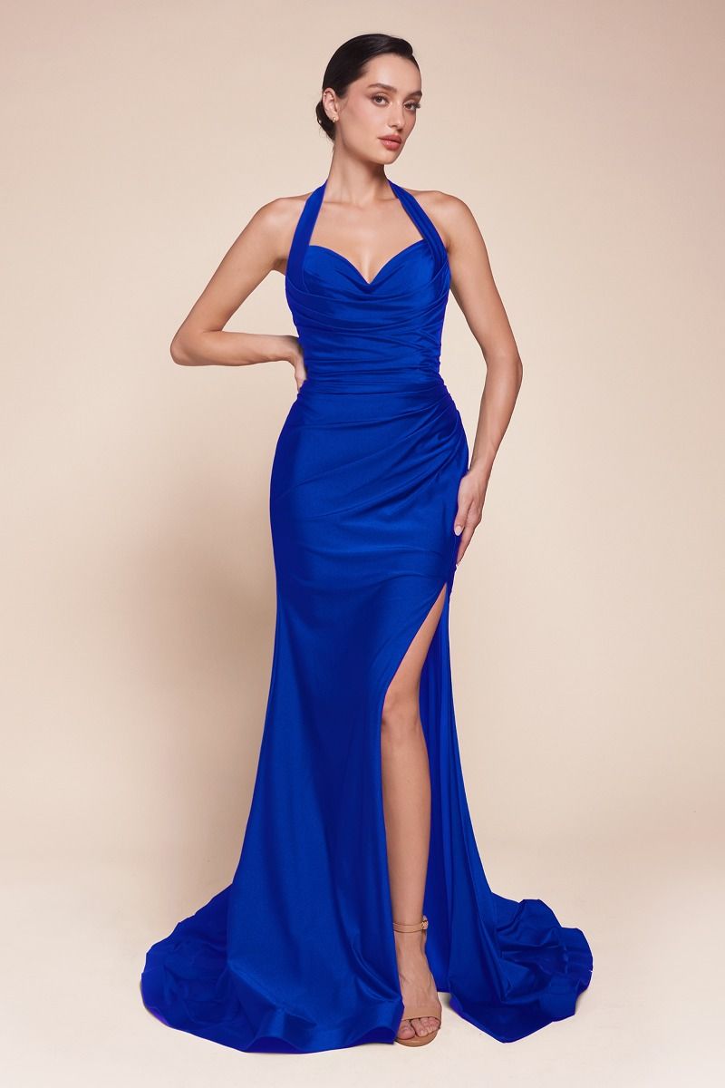 CD796 STETCH SATIN HALTER FITTED DRESS