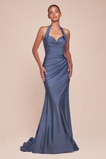 CD796 STETCH SATIN HALTER FITTED DRESS