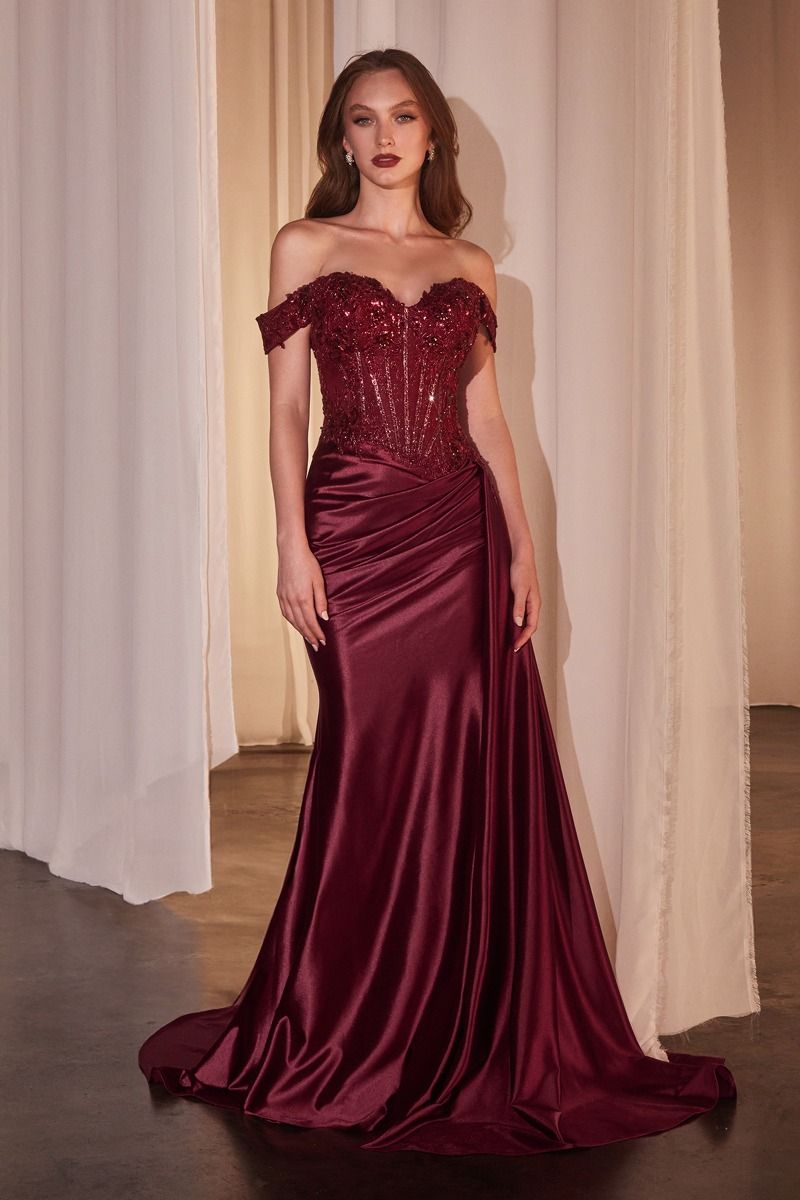 CD803 OFF THE SHOULDER LACE & SATIN FITTED GOWN