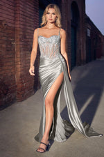 CD868 EMBELLISHED LACE & SATIN FITTED GOWN