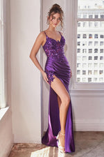 CDS439 STRETCH SATIN GLITTER & LACE FITTED GOWN