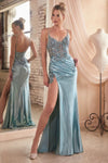 CDS439 STRETCH SATIN GLITTER & LACE FITTED GOWN