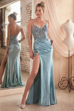 CDS439 STRETCH SATIN GLITTER & LACE FITTED GOWN