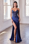 CDS439 STRETCH SATIN GLITTER & LACE FITTED GOWN