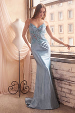 CDS450 FITTED GLITTER & LACE STRETCH SATIN GOWN