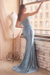 CDS450 FITTED GLITTER & LACE STRETCH SATIN GOWN