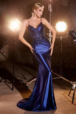 CDS450 FITTED GLITTER & LACE STRETCH SATIN GOWN