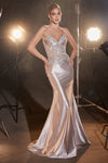 CDS450 FITTED GLITTER & LACE STRETCH SATIN GOWN