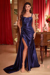 CDS496 FITTED STRETCH SATIN GOWN WITH SASH