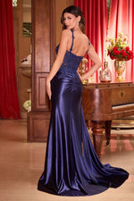 CDS496 FITTED STRETCH SATIN GOWN WITH SASH