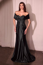 CDS507 OFF THE SHOULDER SATIN & LACE GOWN