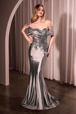 CDS507 OFF THE SHOULDER SATIN & LACE GOWN